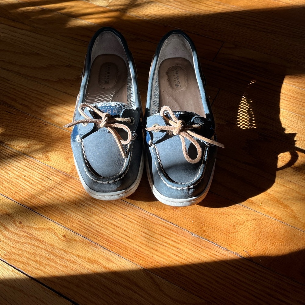 Sperry Navy Boat Shoes with Brown Laces